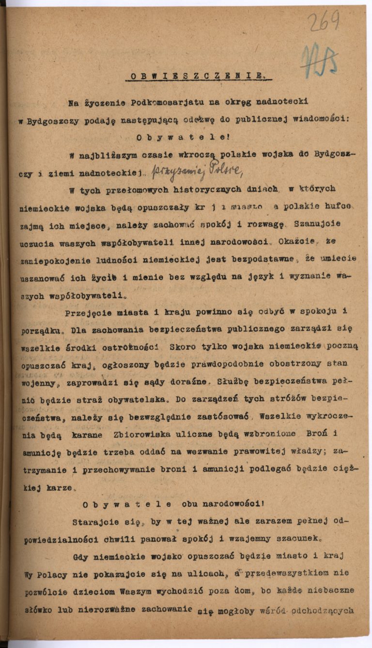 Odezwa Podkomisariatu NRL w Bydgoszczy do mieszkańców przed wkroczeniem Wojsk Polskich