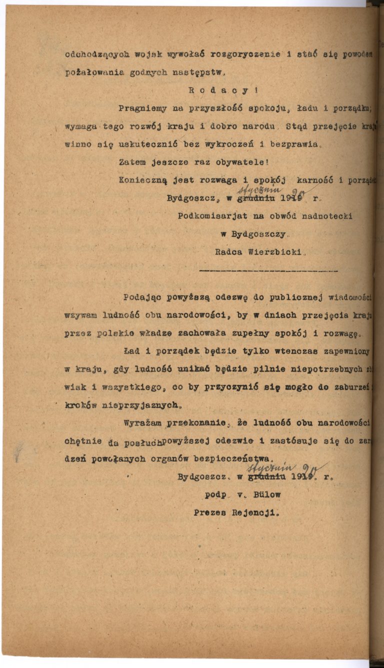 Odezwa Podkomisariatu NRL w Bydgoszczy do mieszkańców przed wkroczeniem Wojsk Polskich druga strona