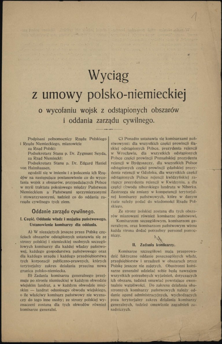 Wyciąg z umowy polsko- niemieckiej o wycofaniu wojsk z odstąpionych obszarów i oddaniu zarządu cywilnego