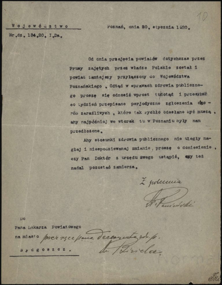Informacje o przyłączeniu Bydgoszczy do Województwa Poznańskiego pismo wojewody do lekarza powiatowego w Bydgoszczy