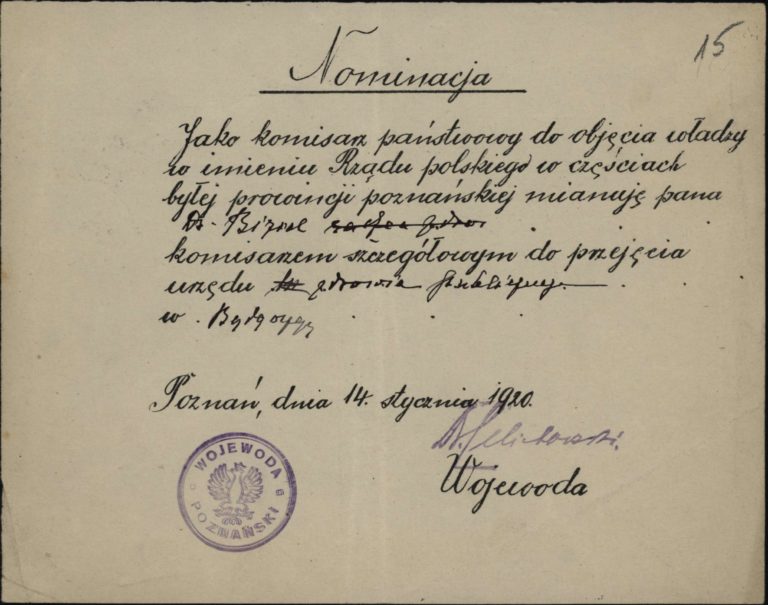 Nominacja dr J. Biziela na komisarza państwowego do przejęcia służby zdrowia podpisana przez wojewodę 14 stycznia 1920 roku