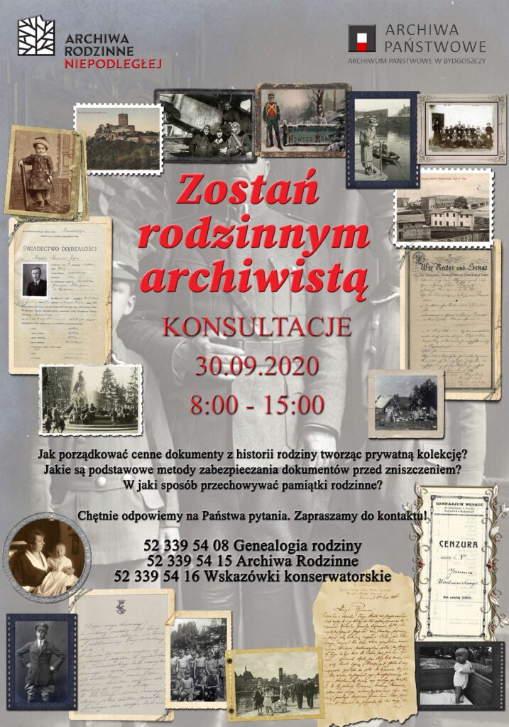 Plakat promujący wydarzenie Zostań rodzinnym archiwistą wyszczególnione numery konsultacyjne telefonów 523395415, 523395408, 523395416