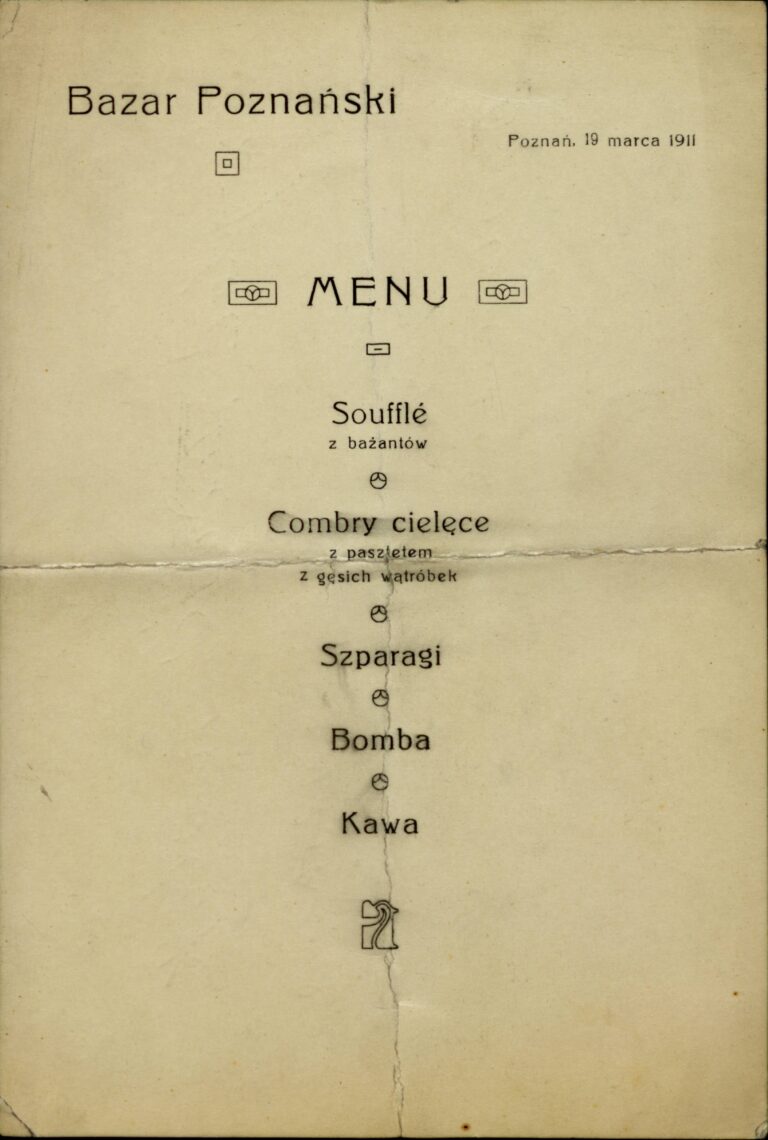 Menu obiadu przygotowanego przez restaurację Bazar Poznański w Poznaniu, 1911 rok