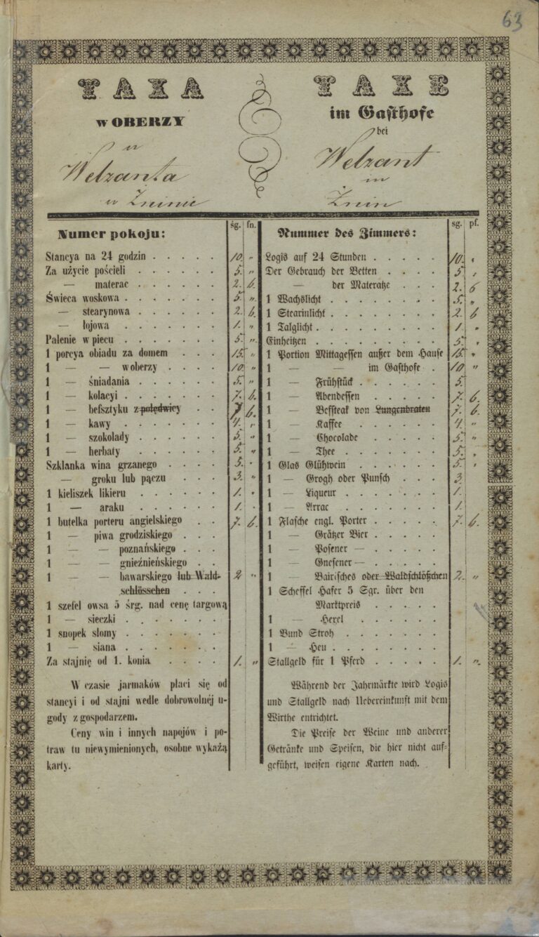 Cennik oberży Welzanta w Żninie, 1859 rok tabela w języku polskim i niemieckim