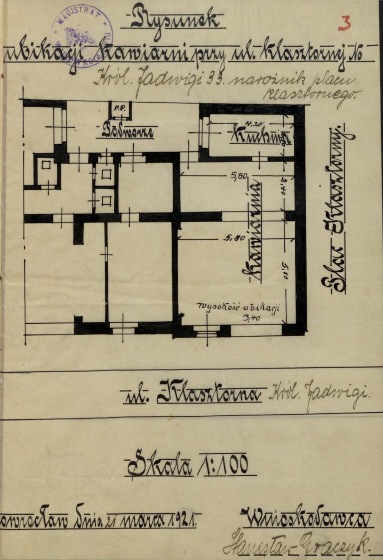 Rysunek techniczny kawiarni przy ul. Królowej Jadwigi 33 w Inowrocławiu, 1921 rok skala 1:100 rozrysowany układ pomieszczeń