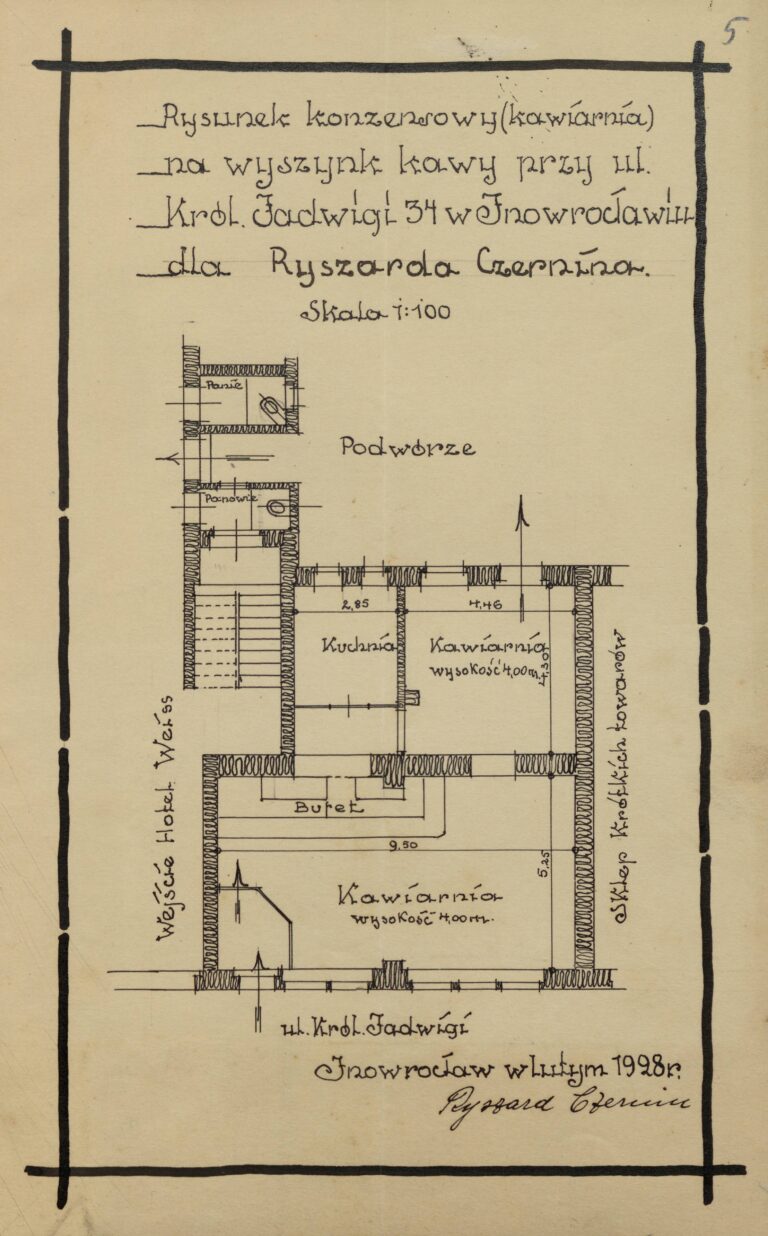 Rzut techniczny kawiarni przy ul. Królowej Jadwigi 34 w Inowrocławiu, 1928 rok rozrysowany układ pomieszczeń