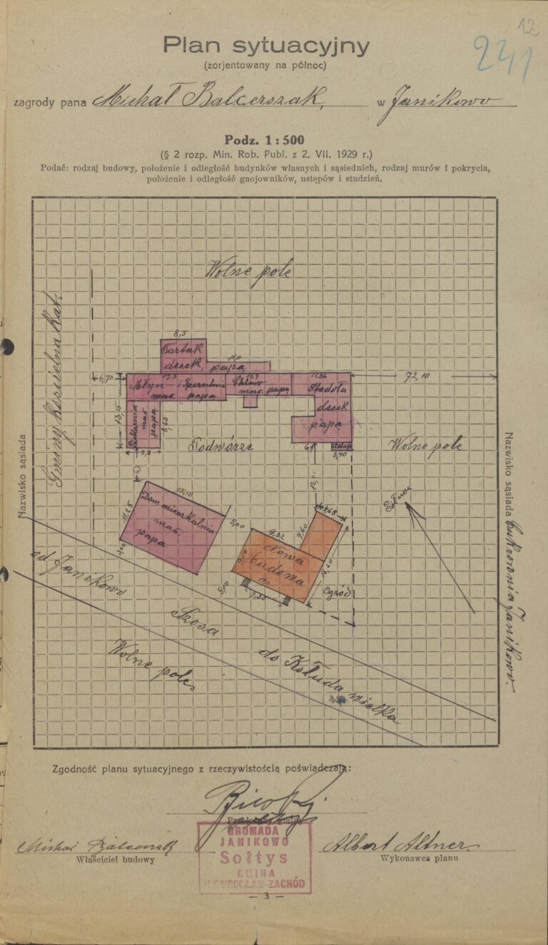 Plan sytuacyjny gospodarstwa rolnego Michała Balcerzaka, 1937-1938 położene przy oznaczonej ulicy, budynki zaznaczone fioletowym kolorem