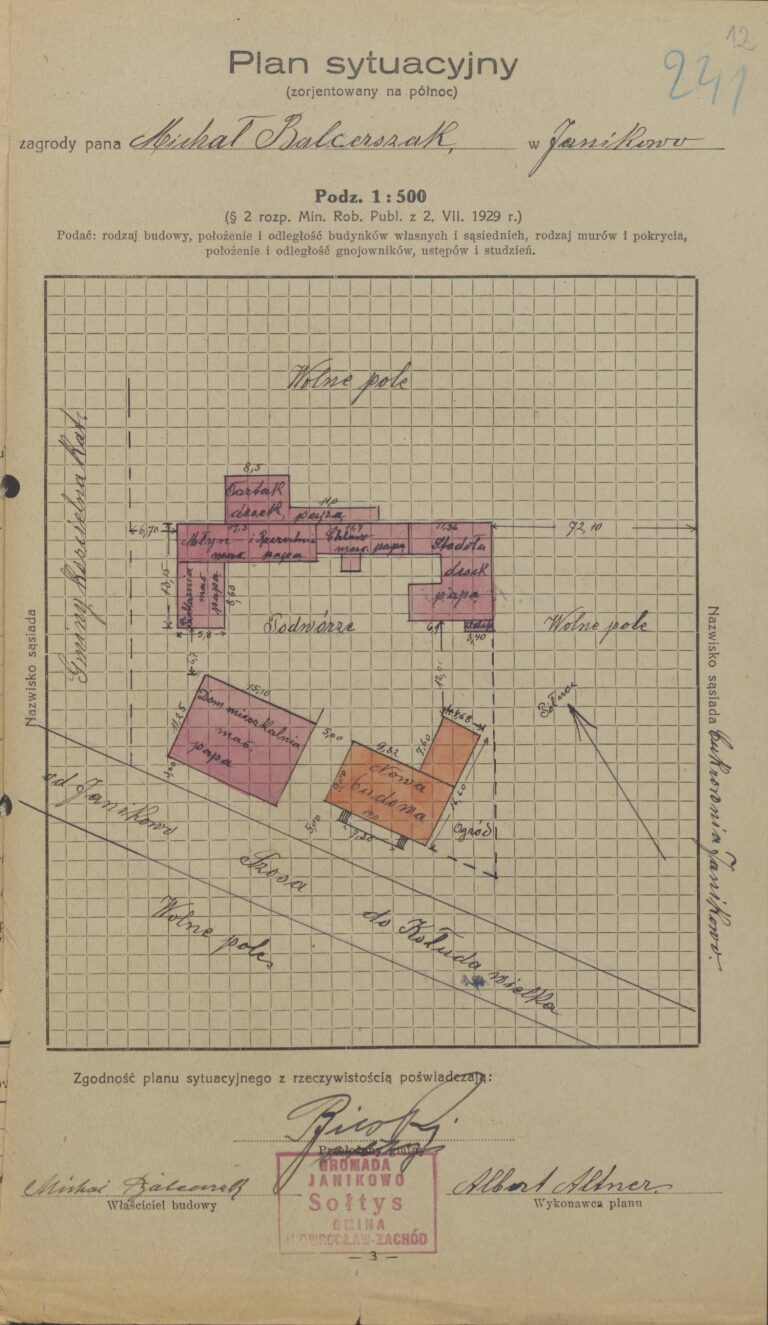 Plan sytuacyjny gospodarstwa rolnego Michała Balcerzaka, 1937-1938 położene przy oznaczonej ulicy, budynki zaznaczone fioletowym kolorem