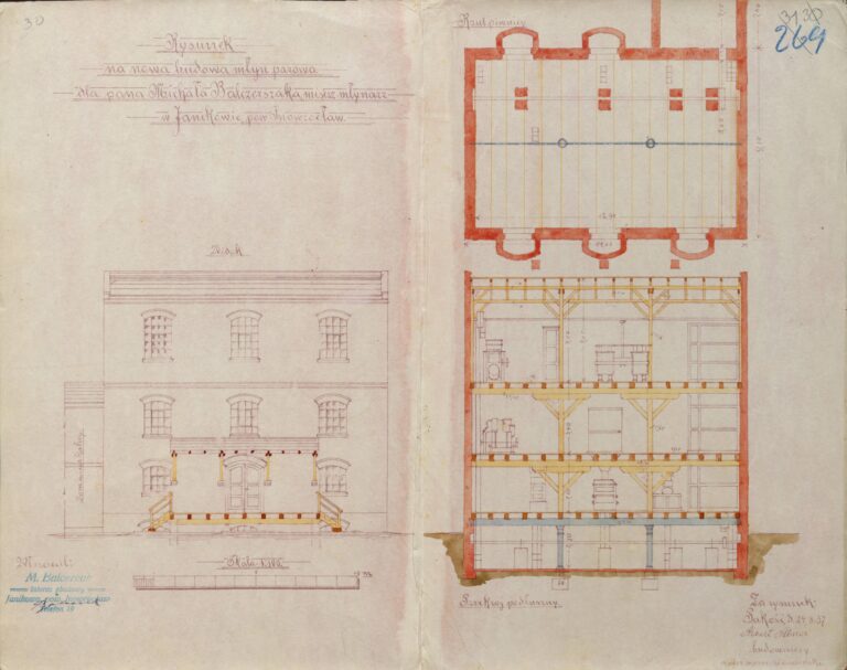 Rysunki techniczne projektowanego młyna parowego Michała Balcerzaka (1937-1938) fasada trzykondygnacyjnego budynku, dwa rysunki techniczne