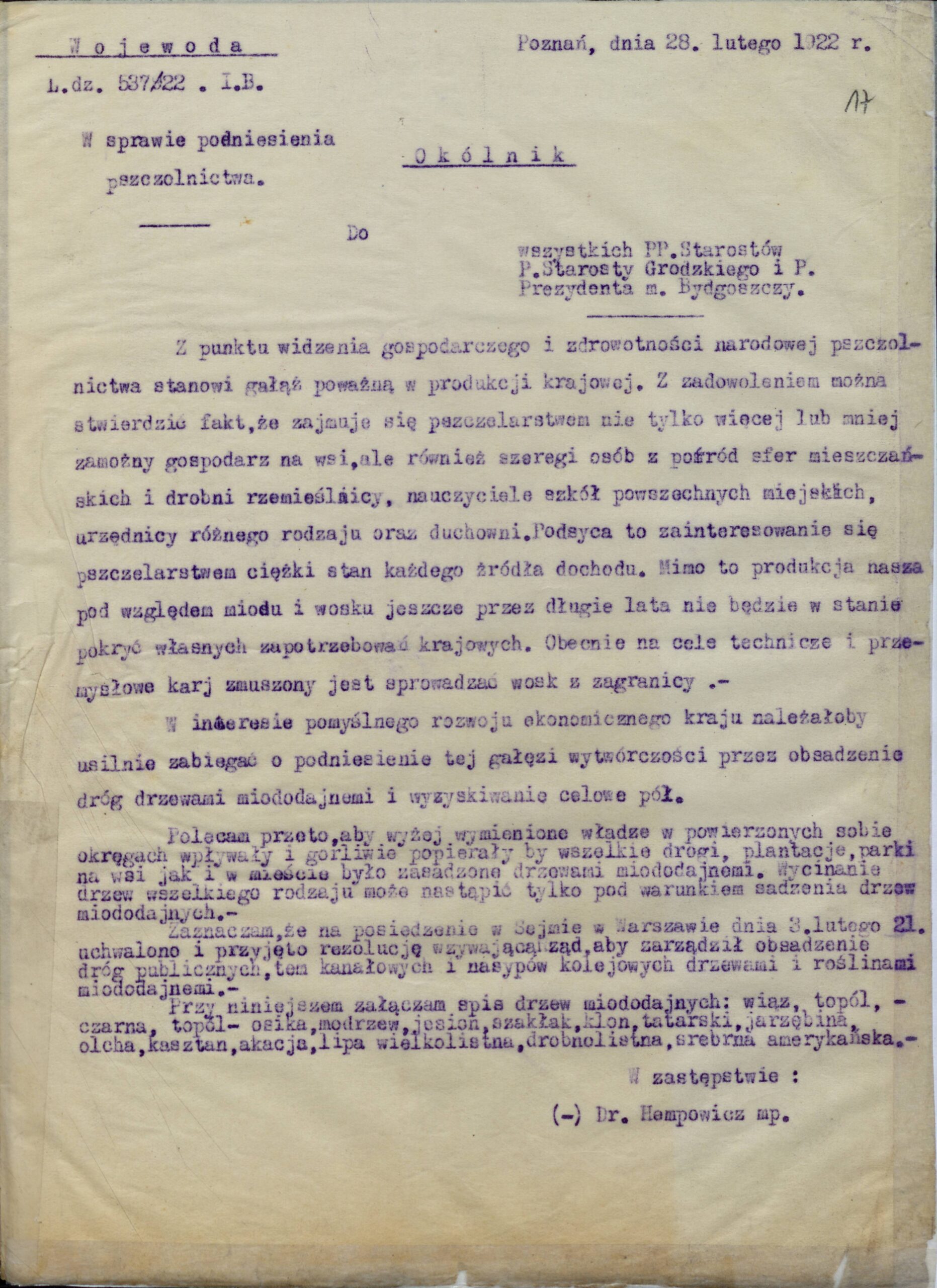 Okólnik wojewody poznańskiego do starostów w sprawie wspierania pszczelarstwa m.in. poprzez obsadzanie dróg drzewami miododajnymi, 28 lutego 1922