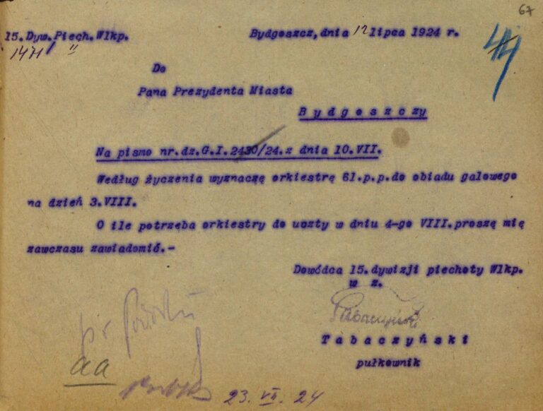 Pismo z 12 lipca 1924 roku do prezydenta Bydgoszczy informujące o wyznaczeniu orkiestry 61 Pułku Piechoty do uczestnictwa w uroczystym obiedzie prezydenta