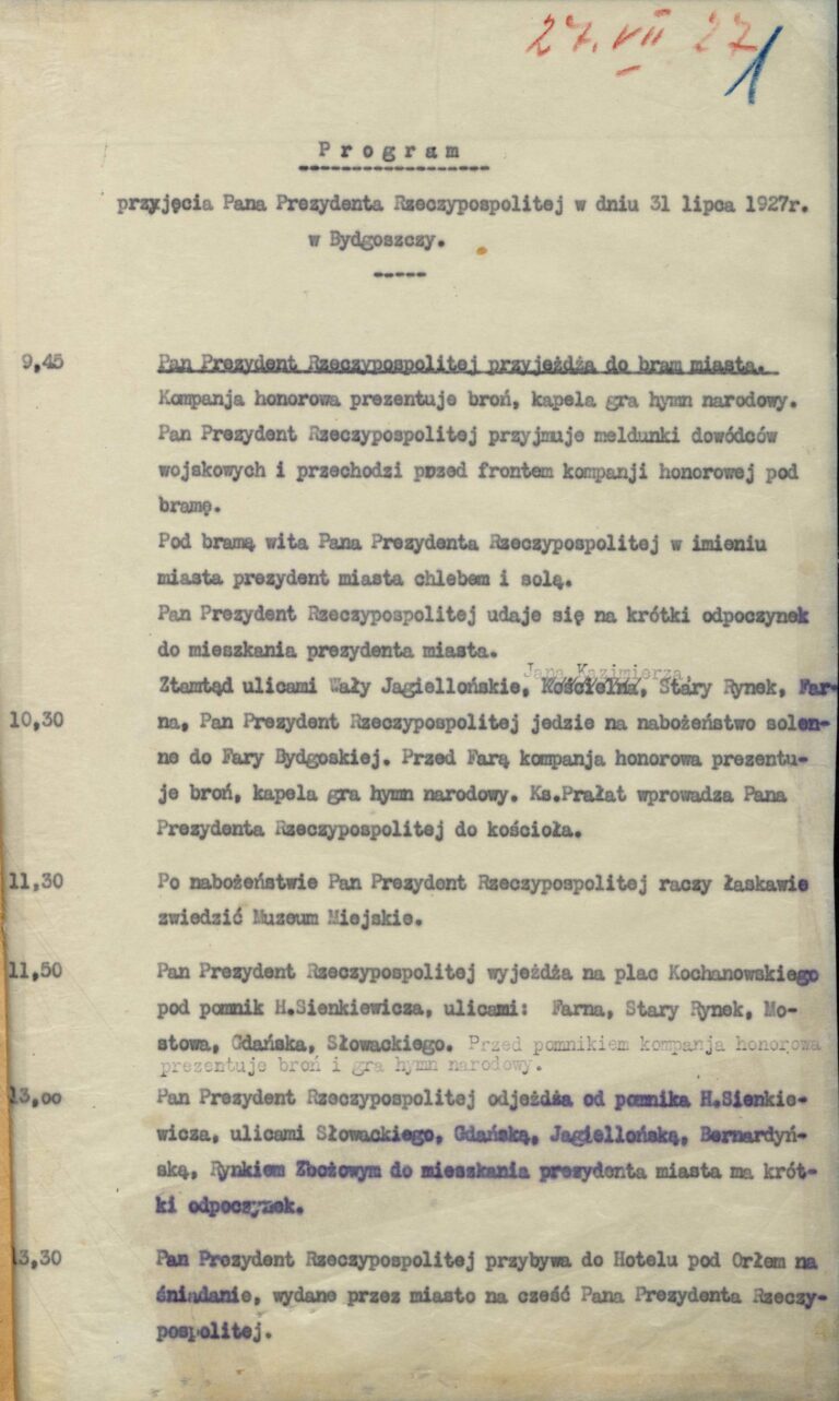 Program pobytu prezydenta Mościckiego w Bydgoszczy z wyszczególnionym śniadaniem o godzinie 13.30 w restauracji Hotelu pod Orłem