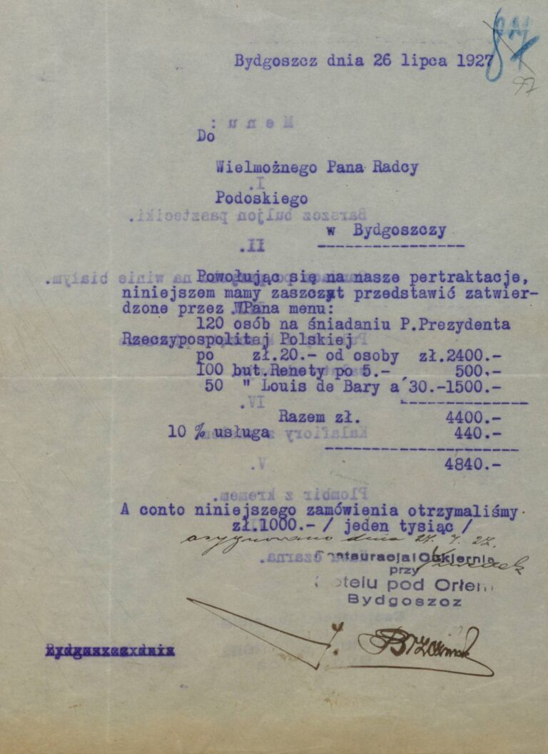 Menu uroczystego śniadania na cześć prezydenta Mościckiego z wyszczególnieniem kosztów