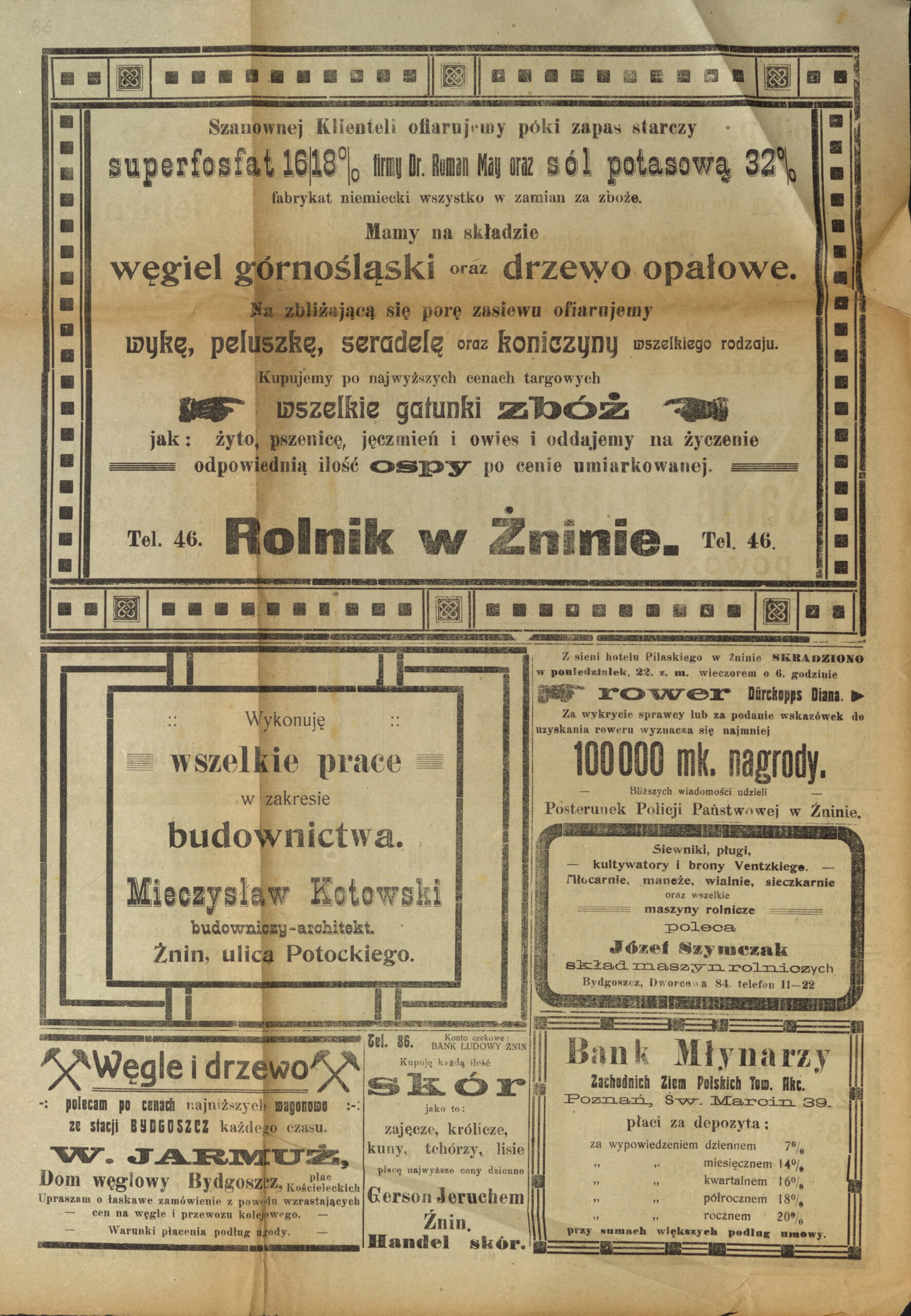 Reklama firmy „Rolnik w Żninie” umieszczona w Orędowniku urzędowym powiatu żnińskiego, 31 marca 1923 rok