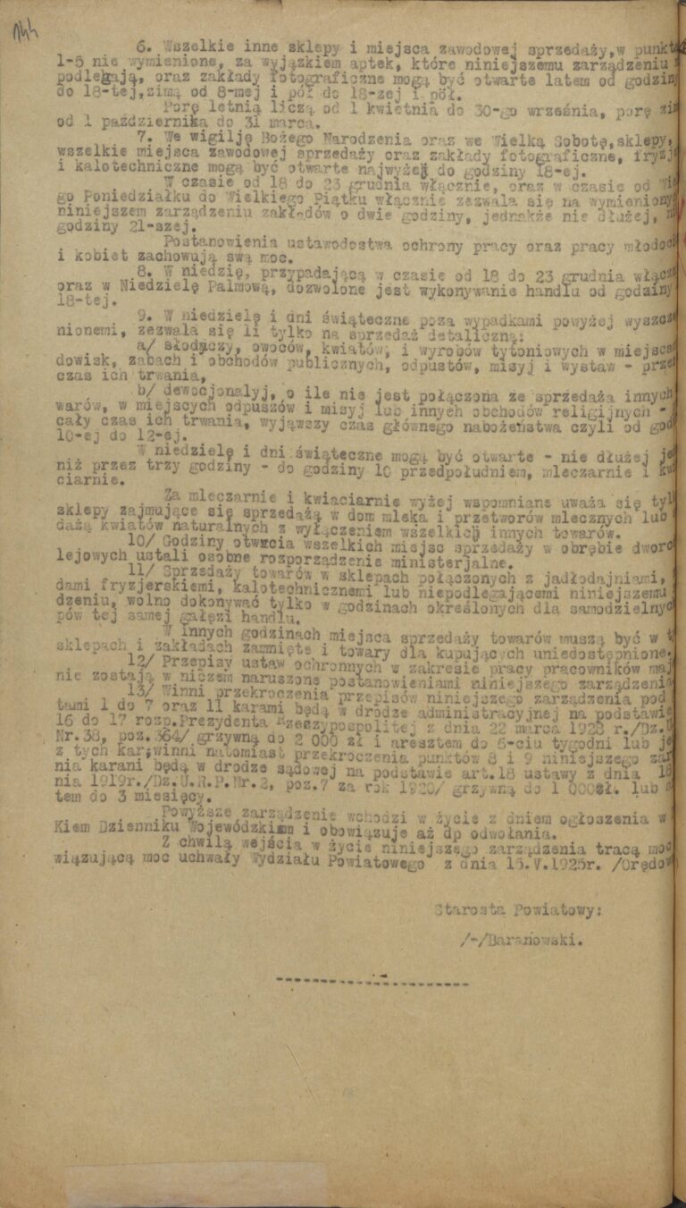 Zarządzenia starosty powiatowego strzelińskiego z dnia 1 maja 1931 r. ustanawiające godziny otwierania i zamykania zakładów handlowych i niektórych przemysłowych (wyciąg z Poznańskiego Dziennika Wojewódzkiego), 1931 rok