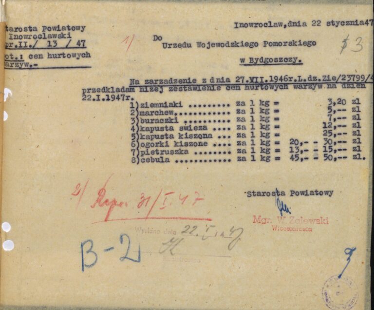 Hurtowe ceny warzyw w Inowrocławiu, 22 lipca 1946 rok