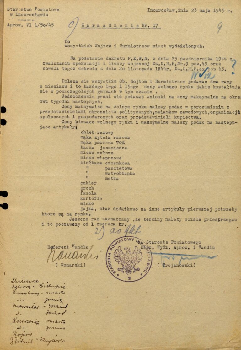 Zarządzenie starosty inowrocławskiego w sprawie co dwutygodniowego raportowania cen żywności, 23 maja 1945 rok.