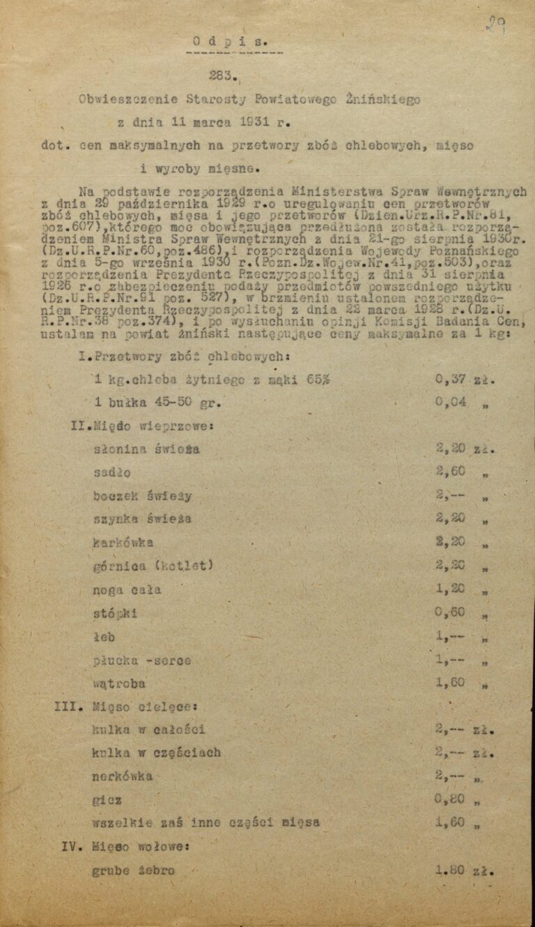 Odpis obwieszczenia Starosty Powiatowego Żnińskiego w sprawie maksymalnych cen na przetwory zbóż chlebowych, 11 marca 1931 rok