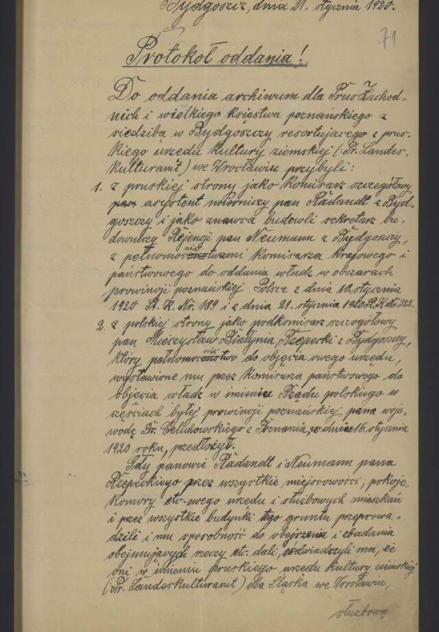 Protokół przejęcia Archiwum Komisji przez władze polskie