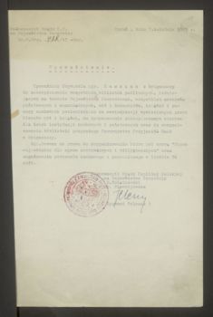 Upoważnienie T. Esmana do zabezpieczania wszystkich bibliotek publicznych i archiwów oraz zorganizowania Biura Wojewódzkiego dla spraw archiwalnych i bibliotecznych (Archiwum Państwowe w Bydgoszczy, Wojewódzkie Biuro dla Spraw Archiwalnych i Bibliotecznych w Bydgoszczy, sygn. 7)
