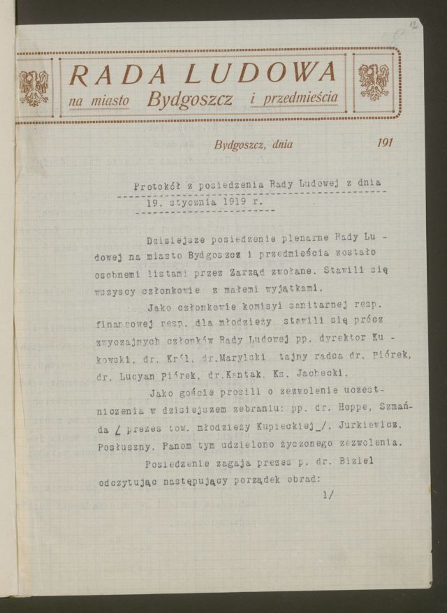 Protokół z posiedzenia Rady Ludowej z 19 stycznia 1919 (Archiwum Państwowe w Bydgoszczy, Podkomisariat Naczelnej Rady Ludowej na obwód nadnotecki w Bydgoszczy, sygn. 5)