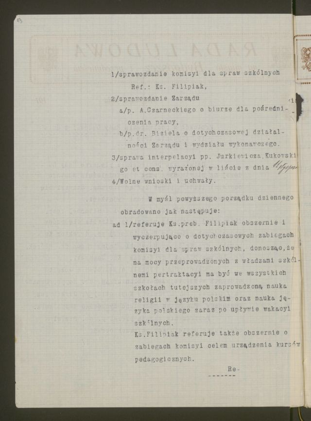 Protokół z posiedzenia Rady Ludowej z 19 stycznia 1919 (Archiwum Państwowe w Bydgoszczy, Podkomisariat Naczelnej Rady Ludowej na obwód nadnotecki w Bydgoszczy, sygn. 5)