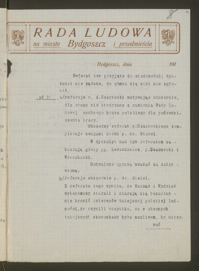 Protokół z posiedzenia Rady Ludowej z 19 stycznia 1919 (Archiwum Państwowe w Bydgoszczy, Podkomisariat Naczelnej Rady Ludowej na obwód nadnotecki w Bydgoszczy, sygn. 5)