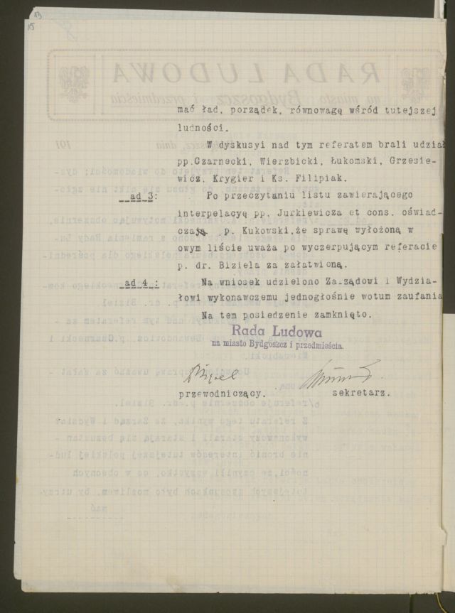 Protokół z posiedzenia Rady Ludowej z 19 stycznia 1919 (Archiwum Państwowe w Bydgoszczy, Podkomisariat Naczelnej Rady Ludowej na obwód nadnotecki w Bydgoszczy, sygn. 5)
