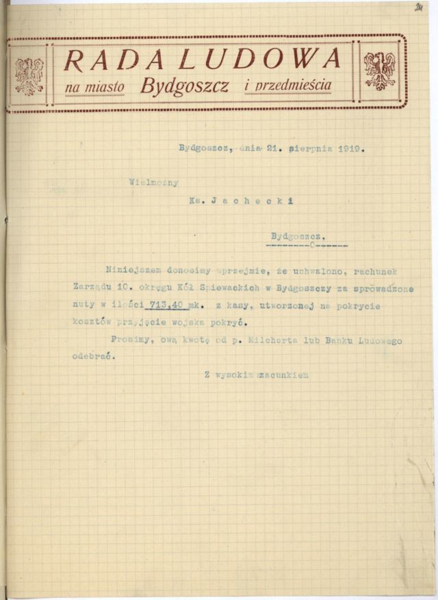 Dokumentacja przygotowania uroczystości przejęcia miasta (Archiwum Państwowe w Bydgoszczy, Podkomisariat Naczelnej Rady Ludowej na obwód nadnotecki w Bydgoszczy, sygn. 6)