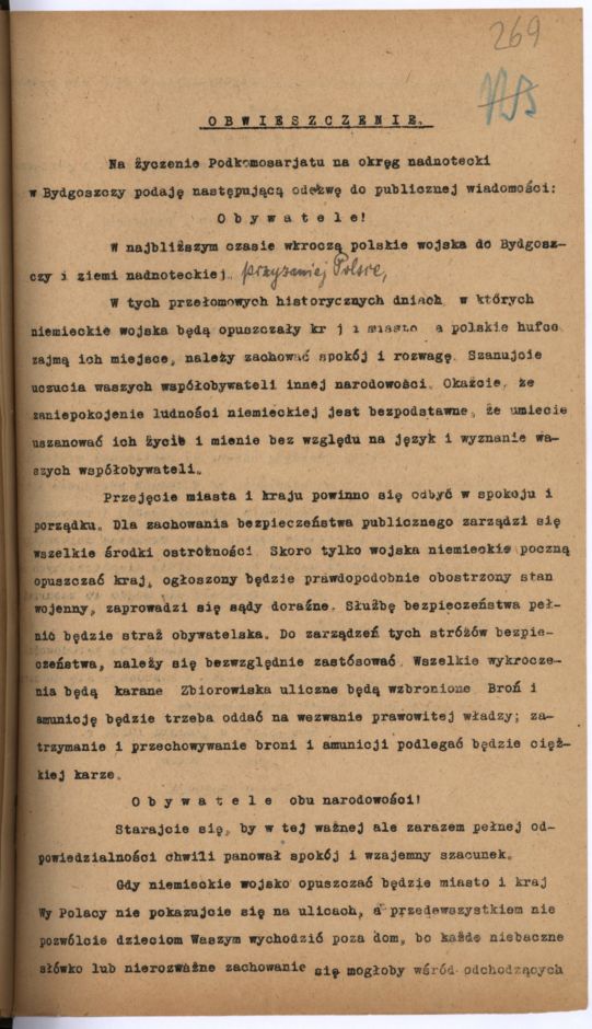 Odezwa Podkomisariatu NRL w Bydgoszczy do mieszkańców przed wkroczeniem Wojsk Polskich (Archiwum Państwowe w Bydgoszczy, Akta m. Bydgoszczy, sygn. 3267)