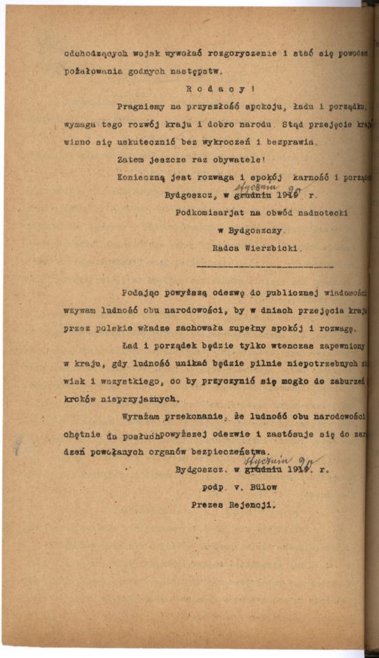 Odezwa Podkomisariatu NRL w Bydgoszczy do mieszkańców przed wkroczeniem Wojsk Polskich (Archiwum Państwowe w Bydgoszczy, Akta m. Bydgoszczy, sygn. 3267)