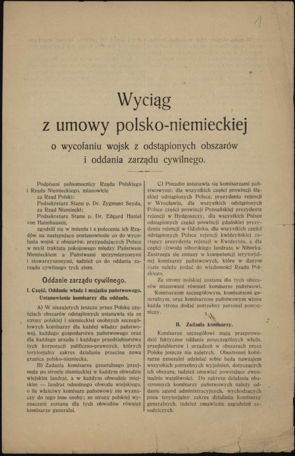 Wyciąg z umowy polsko- niemieckiej o wycofaniu wojsk z odstąpionych obszarów i oddaniu zarządu cywilnego (Archiwum Państwowe w Bydgoszczy, Akta m. Bydgoszczy, sygn. 3268)