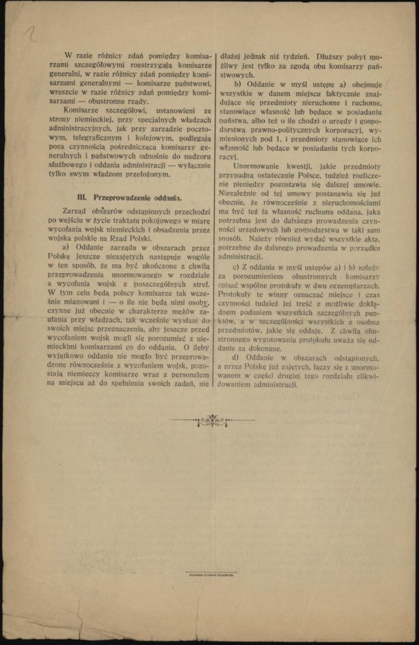 Wyciąg z umowy polsko- niemieckiej o wycofaniu wojsk z odstąpionych obszarów i oddaniu zarządu cywilnego (Archiwum Państwowe w Bydgoszczy, Akta m. Bydgoszczy, sygn. 3268)