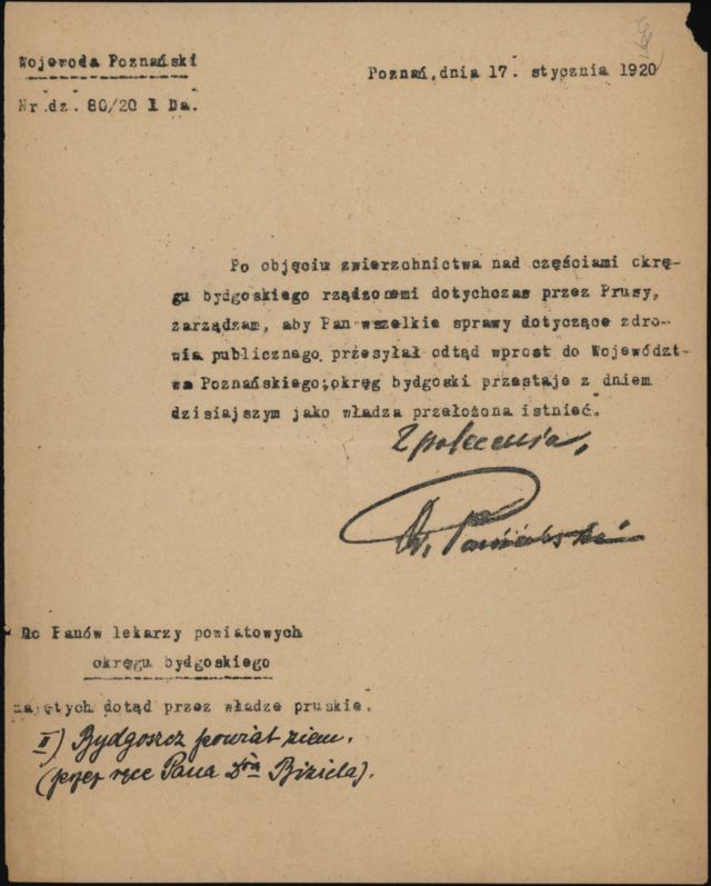 Informacje o przyłączeniu Bydgoszczy do Województwa Poznańskiego (Archiwum Państwowe w Bydgoszczy, Akta m. Bydgoszczy, sygn. 3268)