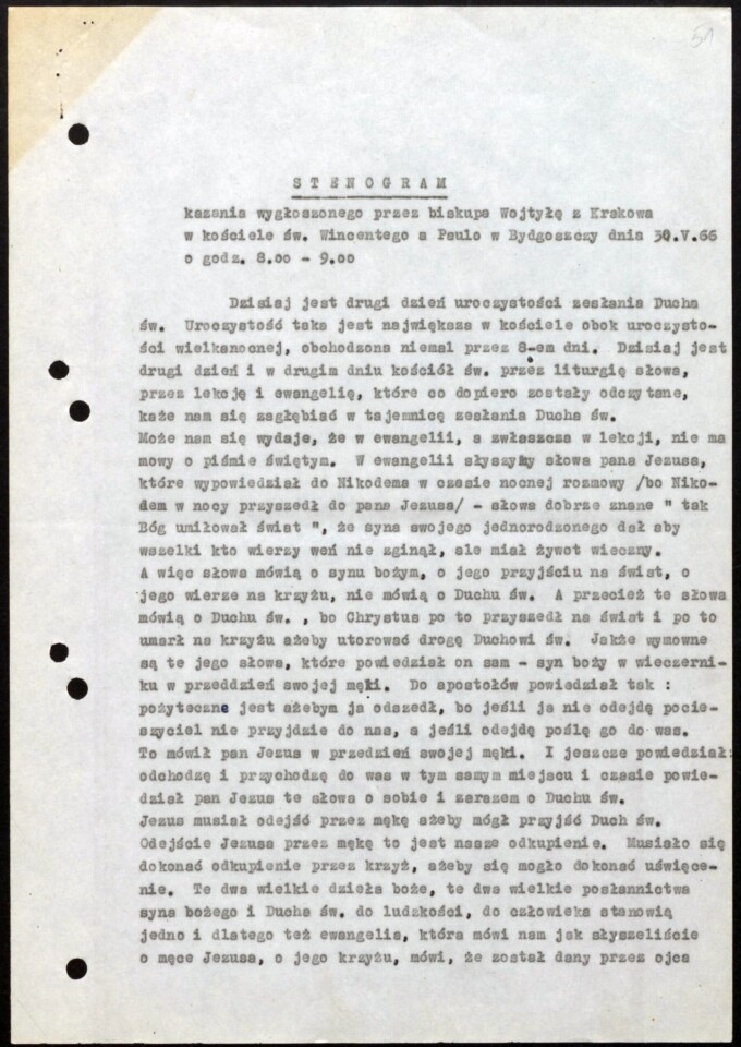 Tekst kazania wygłoszonego przez arcybiskupa Karola Wojtyłę 30 maja 1966 w bazylice św. Wincentego a’Paulo w Bydgoszczy