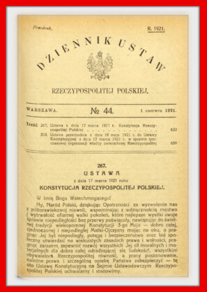 Konstytucja Rzeczypospolitej Polskiej z dnia 17 marca 1921 roku – tekst opublikoiwany w Dzienniku Ustaw RP Widok kolejnej strony konstytucji marcowej w dzienniku ustaw z 1921 roku