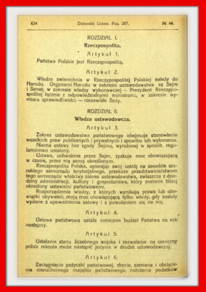 Konstytucja Rzeczypospolitej Polskiej z dnia 17 marca 1921 roku – tekst opublikoiwany w Dzienniku Ustaw RP Widok kolejnej strony konstytucji marcowej w dzienniku ustaw z 1921 roku