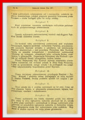 Konstytucja Rzeczypospolitej Polskiej z dnia 17 marca 1921 roku – tekst opublikoiwany w Dzienniku Ustaw RP Widok kolejnej strony konstytucji marcowej w dzienniku ustaw z 1921 roku