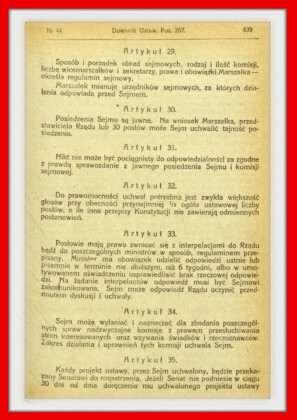 Konstytucja Rzeczypospolitej Polskiej z dnia 17 marca 1921 roku – tekst opublikoiwany w Dzienniku Ustaw RP Widok kolejnej strony konstytucji marcowej w dzienniku ustaw z 1921 roku