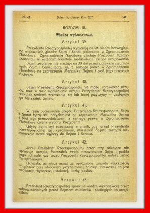 Konstytucja Rzeczypospolitej Polskiej z dnia 17 marca 1921 roku – tekst opublikoiwany w Dzienniku Ustaw RP Widok kolejnej strony konstytucji marcowej w dzienniku ustaw z 1921 roku
