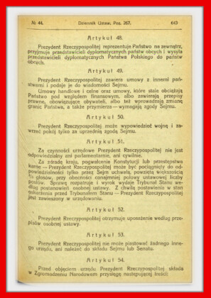 Konstytucja Rzeczypospolitej Polskiej z dnia 17 marca 1921 roku – tekst opublikoiwany w Dzienniku Ustaw RP Widok kolejnej strony konstytucji marcowej w dzienniku ustaw z 1921 roku