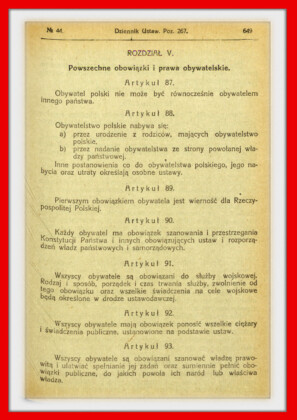 Konstytucja Rzeczypospolitej Polskiej z dnia 17 marca 1921 roku – tekst opublikoiwany w Dzienniku Ustaw RP Widok kolejnej strony konstytucji marcowej w dzienniku ustaw z 1921 roku