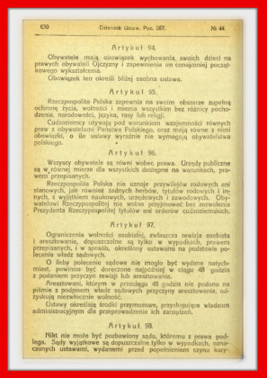 Konstytucja Rzeczypospolitej Polskiej z dnia 17 marca 1921 roku – tekst opublikoiwany w Dzienniku Ustaw RP Widok kolejnej strony konstytucji marcowej w dzienniku ustaw z 1921 roku