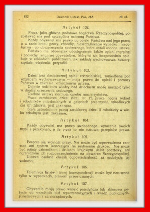 Konstytucja Rzeczypospolitej Polskiej z dnia 17 marca 1921 roku – tekst opublikoiwany w Dzienniku Ustaw RP Widok kolejnej strony konstytucji marcowej w dzienniku ustaw z 1921 roku