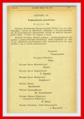 Konstytucja Rzeczypospolitej Polskiej z dnia 17 marca 1921 roku – tekst opublikoiwany w Dzienniku Ustaw RP Widok kolejnej strony konstytucji marcowej w dzienniku ustaw z 1921 roku