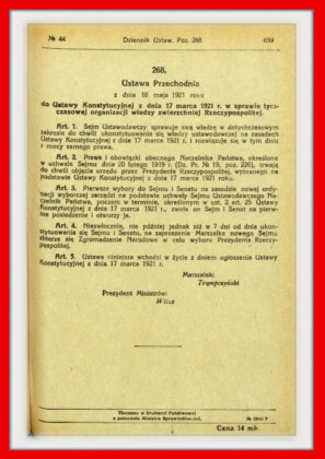 Konstytucja Rzeczypospolitej Polskiej z dnia 17 marca 1921 roku – tekst opublikoiwany w Dzienniku Ustaw RP Widok kolejnej strony konstytucji marcowej w dzienniku ustaw z 1921 roku