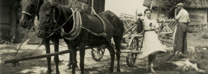 Lucyna Marianowska na gospodarstwie u rodziny swojej matki w Skrobaczowie (dzisiejsze województwo świętokrzyskie) – 1941 rok) wieś dwójka koni z wozem drabiniastym o wóz oparta młoda kobieta w letniej białej sukience do kolan, odwrócony mężczyzna w wiejskim ubraniu i czapce z daszkiem w tle fragmenty dwóch budynków drewnianych pokrytych strzechą