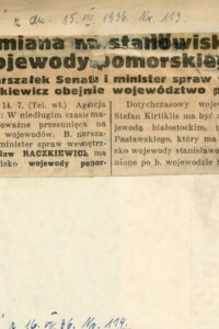 Zmiana na stanowisku wojewody pomorskiego Zmiana na stanowisku wojewody pomorskiego - wycinek prasowy fotografie portretowe wojewodów Kirtiklisa i Raczkiewicza w garniturach