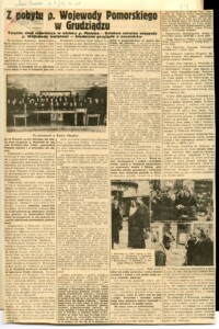Z pobytu p. Wojewody Pomorskiego w Grudziądzu Z pobytu p. Wojewody Pomorskiego w Grudziądzu - wycinek prasowy fotografie posiedzenie rady miejskiej fotografia zbiorowa rajców siedzących przy długim stole, drugi rząd stoi za ich plecami, wszyscy ubrani elegancko, trzy zdjęcia z powitania wojewody mężczyźni w garniturach witają wojewodę uściskiem dłoni pochylają się nisko