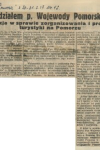 Z udziałem p. Wojewody Pomorskiego konferencja w sprawie zorganizowania i propagandy turystyki na Pomorzu Z udziałem p. Wojewody Pomorskiego konferencja w sprawie zorganizowania i propagandy turystyki na Pomorzu - wycinek prasowy